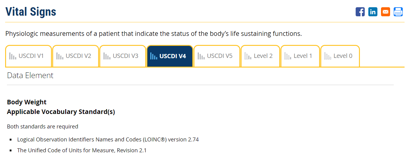 Screenshot of USCD v4 website showing Body Weight Data Element