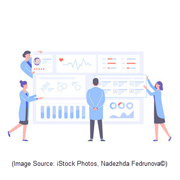 Drawing of a doctor and the nurses analyze the patient's medical data.