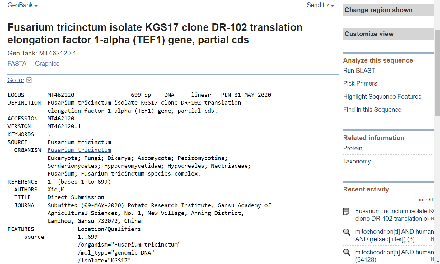 Nucleotide record for Fusarium tricinctum isolate KGS17 clone DR-102 translation elongation factor 1-alpha (TEF1) gene, partial cds