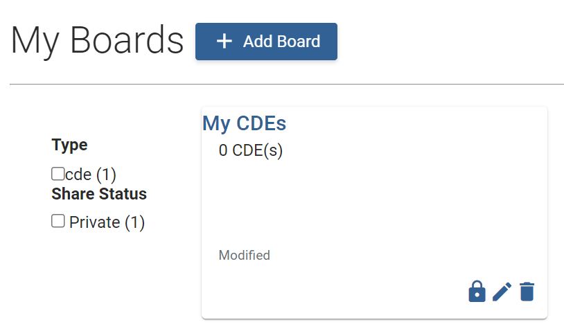 My Boards page showing new My CDEs board.