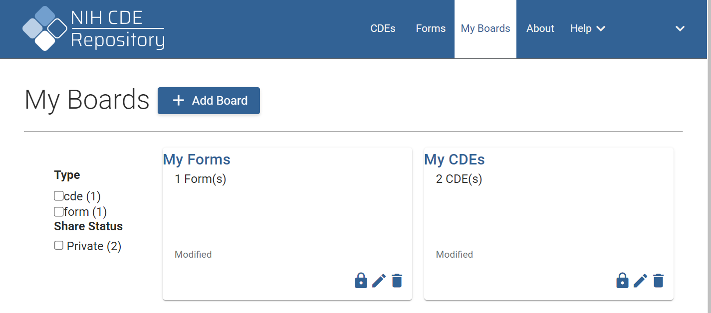 The “My Boards” page in the Repository with two Boards are visible: “My Forms” and “My CDEs”.