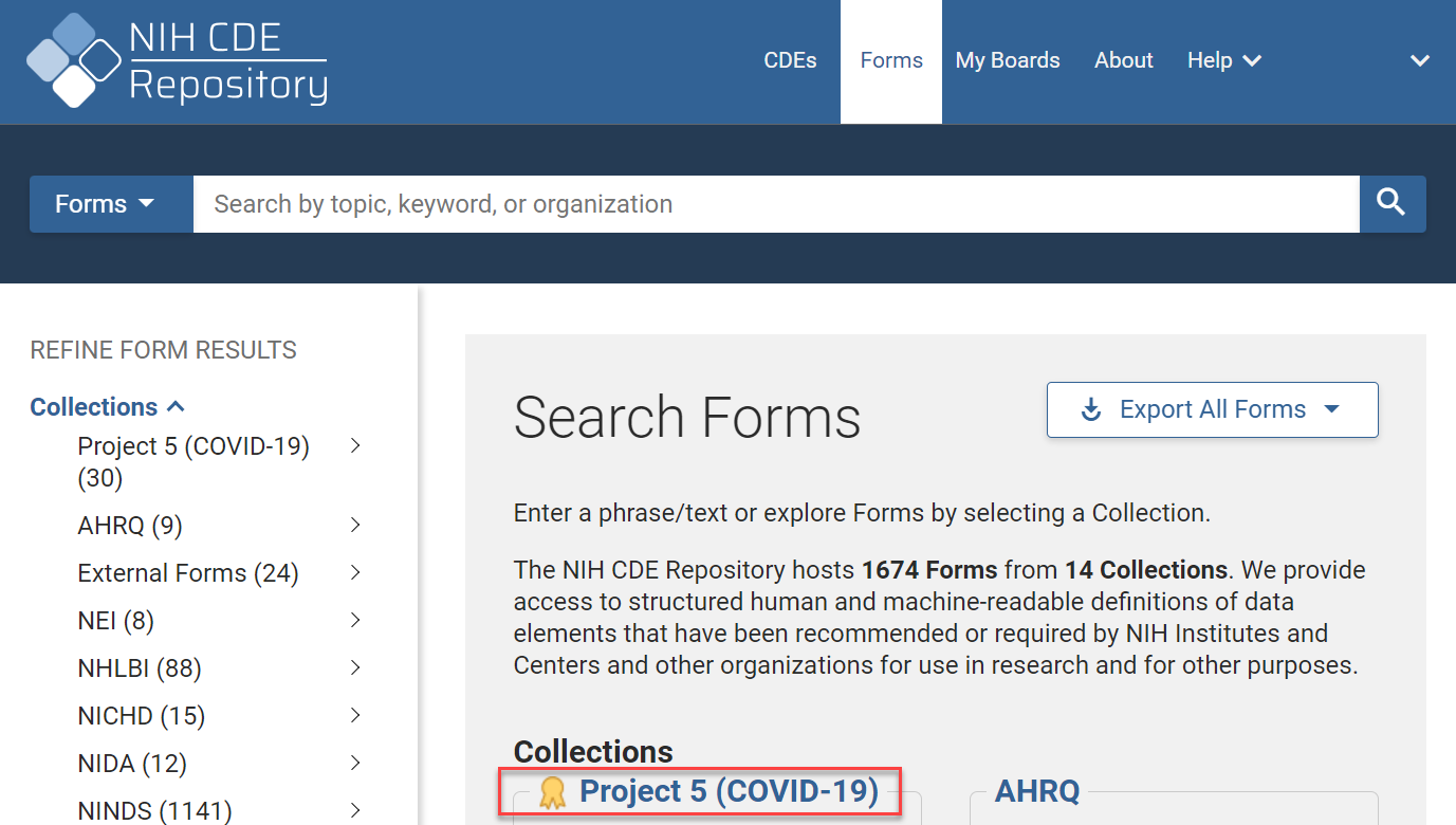 Forms main menu with Project 5 (COVID-19) highlighted under the Collections column