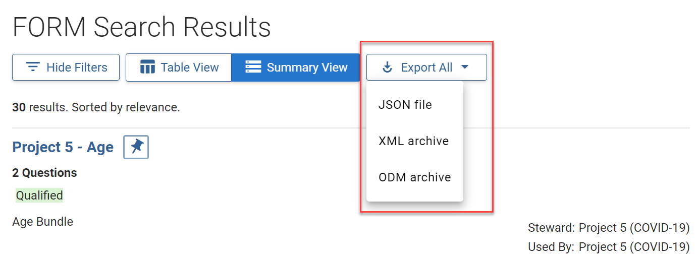 On the Form search results page, the “Export All” button is selected and three options are visible: “JSON file”, “XML archive”, and “ODM archive”.