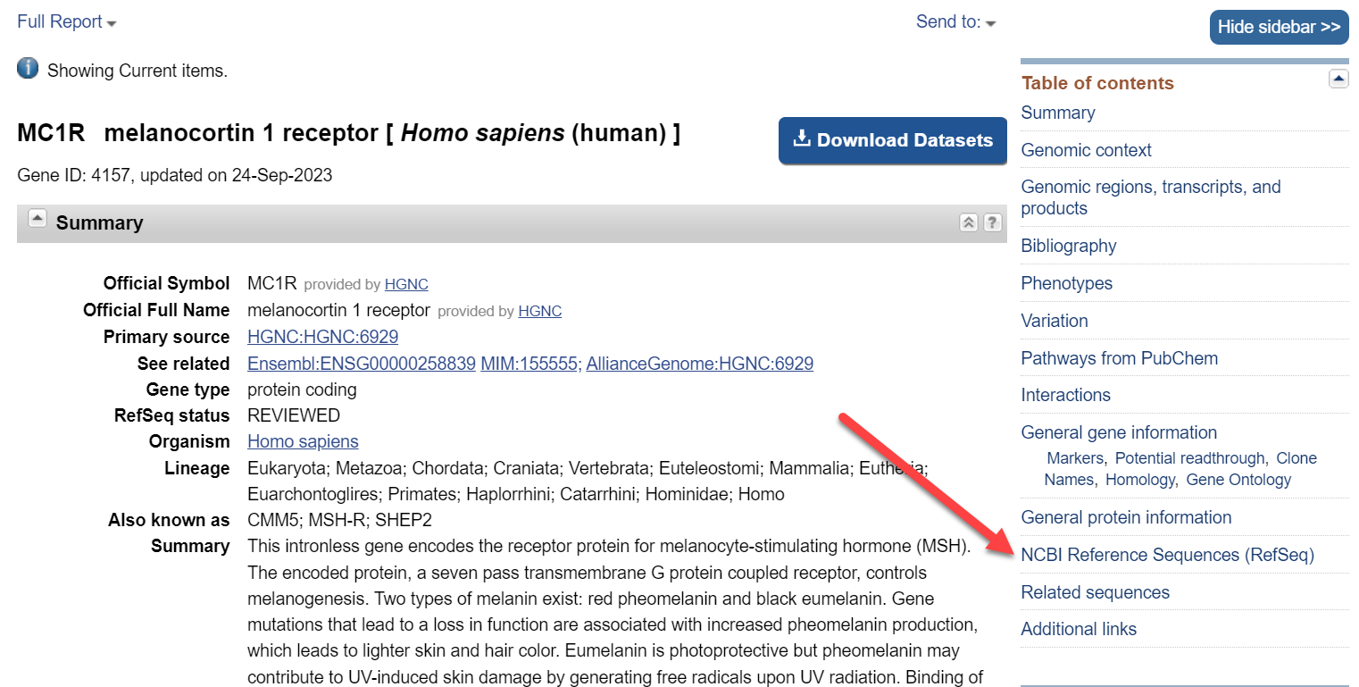 MC1R melanocortin 1 receptor record showing Table of Contents - NCBI RefSeq