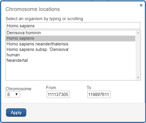 chromosome location selection box