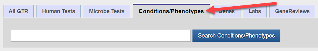 Conditions/Phenotypes above search bar