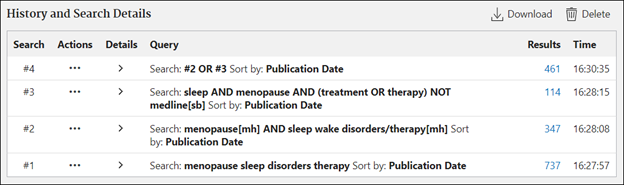 PubMed advanced search showing searches 2 and 3 combined