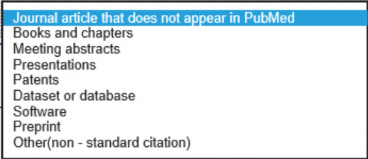 My Bibliography templates such as journal articles, books and chaptes, meeting abstracts, presentations, patents