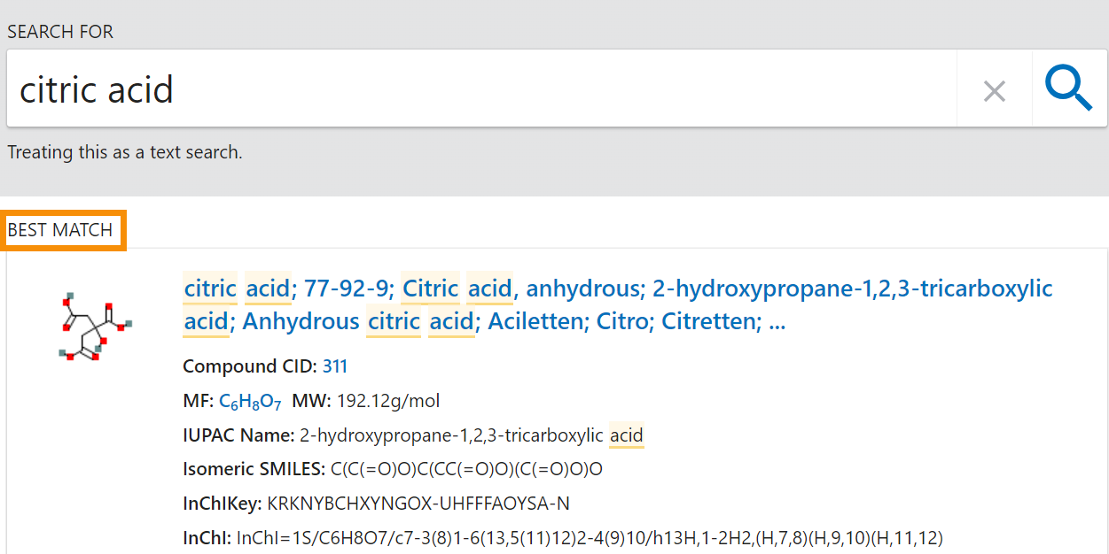 Image of citric acid search showing best match result