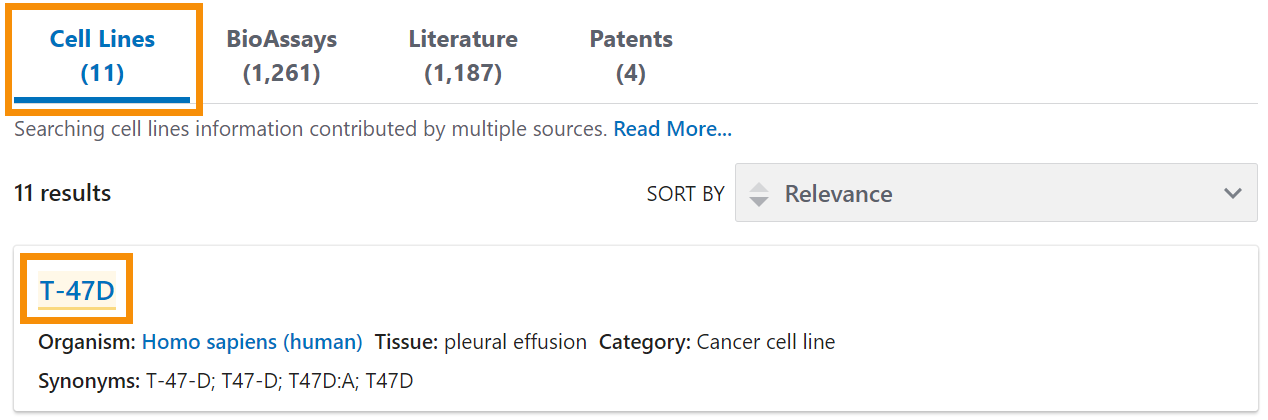 A screenshot of the T-47D summary showing Cell Lines results.