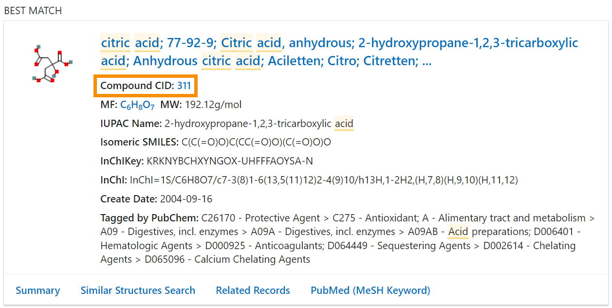 A screenshot of the citric acid best match.