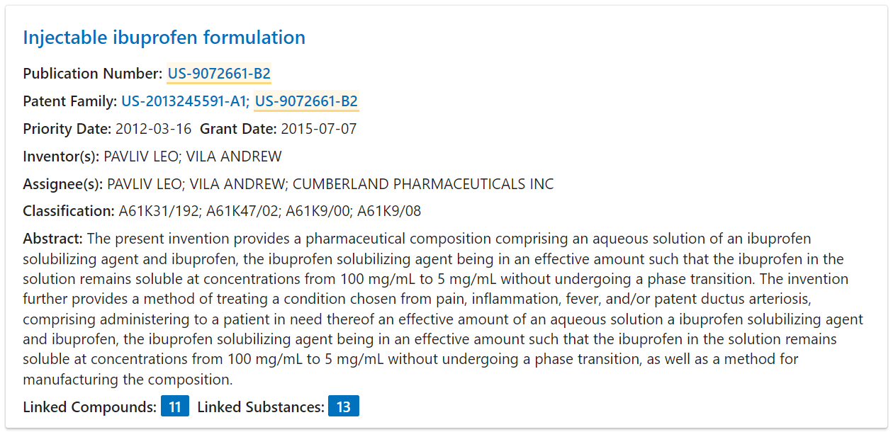 A screenshot of the Injectable ibuprofen formulation patent summary result.