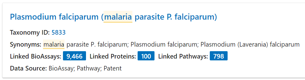 A screenshot of the Plasmodium falciparum summary.