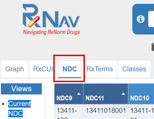 A screenshot of the RxNav navigation tabs, with NDC highlighted.