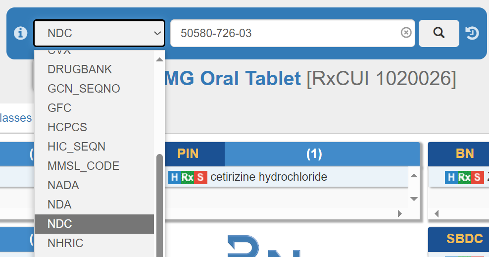 Image of the RxNav search bar showing NDC in the drop-down menu with 50580-726-03 in the search.