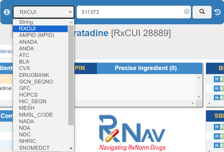 Image of the RxNav search bar showing RxCUI in the drop-down menu with 311373 in the search.