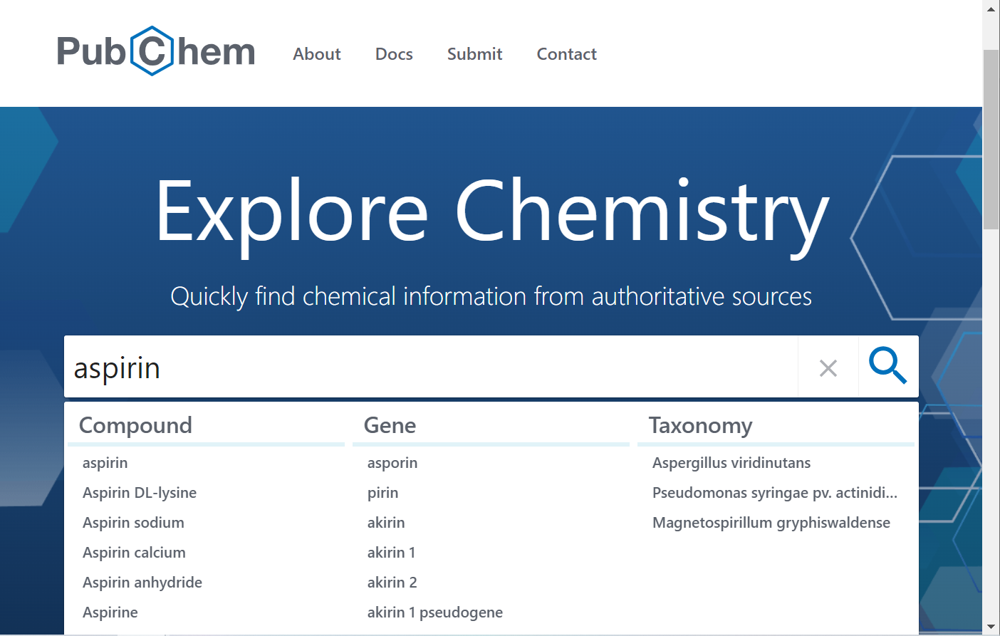 PubChem search for aspirin