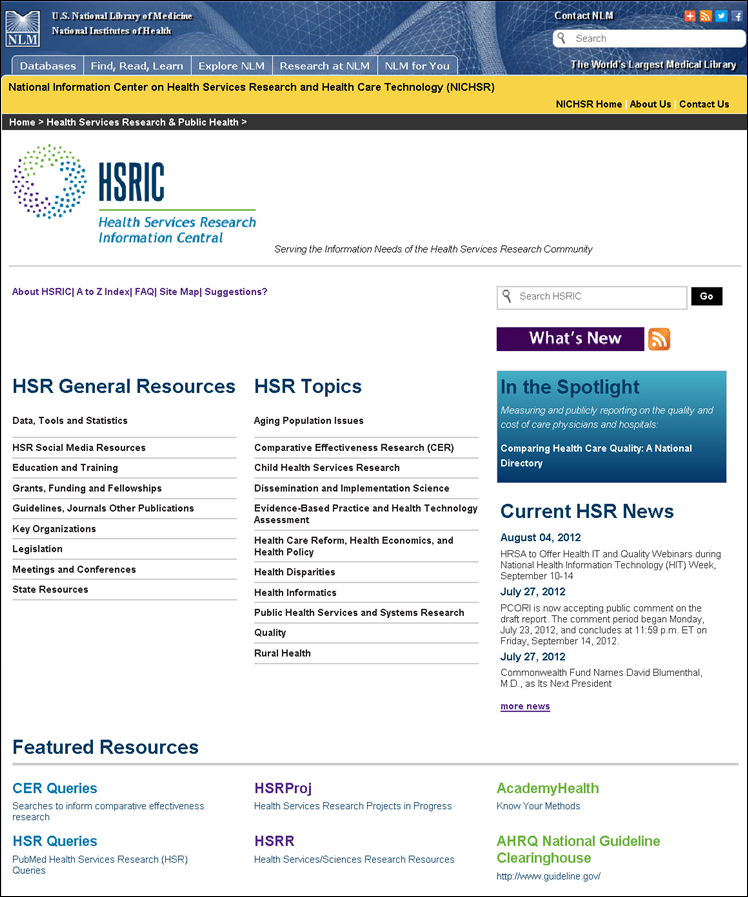 Screenshot of the new look of HSRIC homepage.