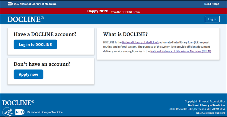 Login screen for DOCLINE 6.0. It has options to log in or to apply for an account.