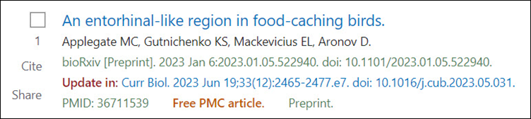screenshot of a search result with the related 'Update In' citation linked in the fourth line.