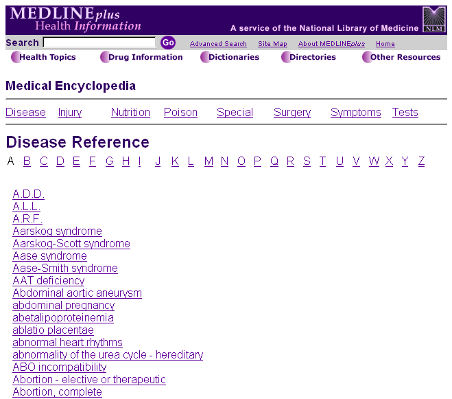 Figure 2 - The Medical Encyclopedia Index Page