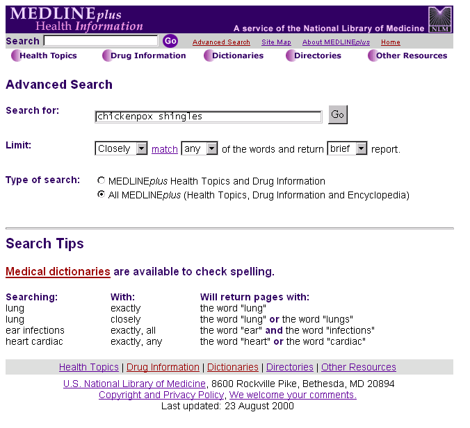 Figure 4 - The MedlinePlus Advanced Search Page