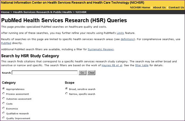 Screen capture of PubMed HSR Queries page