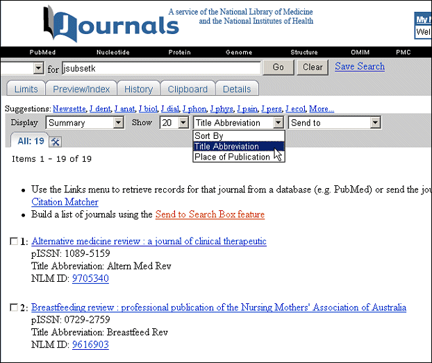 Screen capture of Journals Database new Sort options.