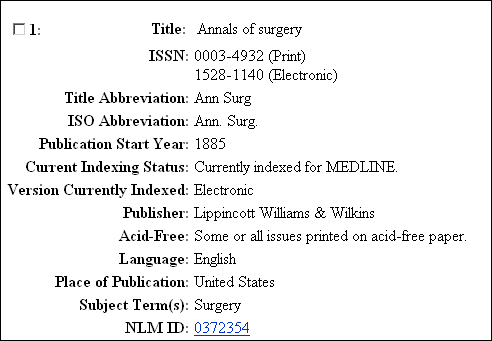 Screen capture of Journals Database full record display.