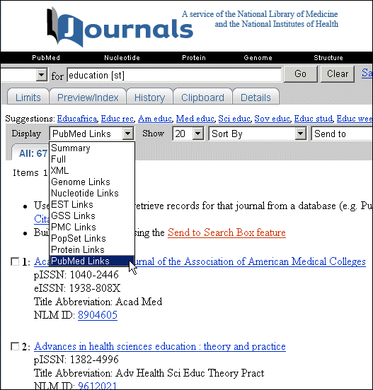 Screen capture of Journals Database use of PubMed Links to send journal list search to PubMed.