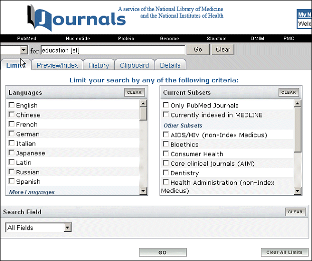 Screen capture of Journals Database Limits screen.