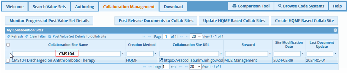 Find measure collaboration site in VSAC Collaboration by typing eCQM ID in the Collaboration Site Name field