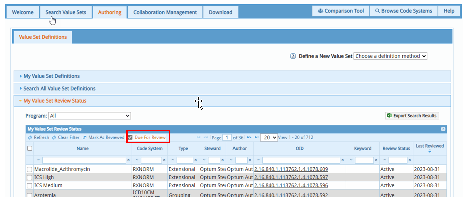 Value Sets Due for Review in Authoring My Value Set Review Status