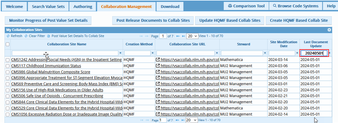 Find measures in VSAC Collaboration by searching in the Last Document Update Column