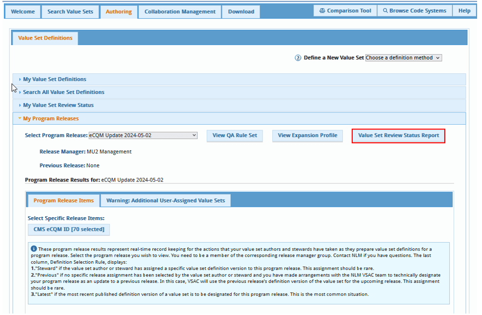 Select Value Set Review Status Report in My Program Releases