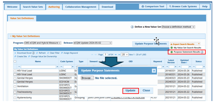 Update purpose statements function in Authoring My Value Set Definitions